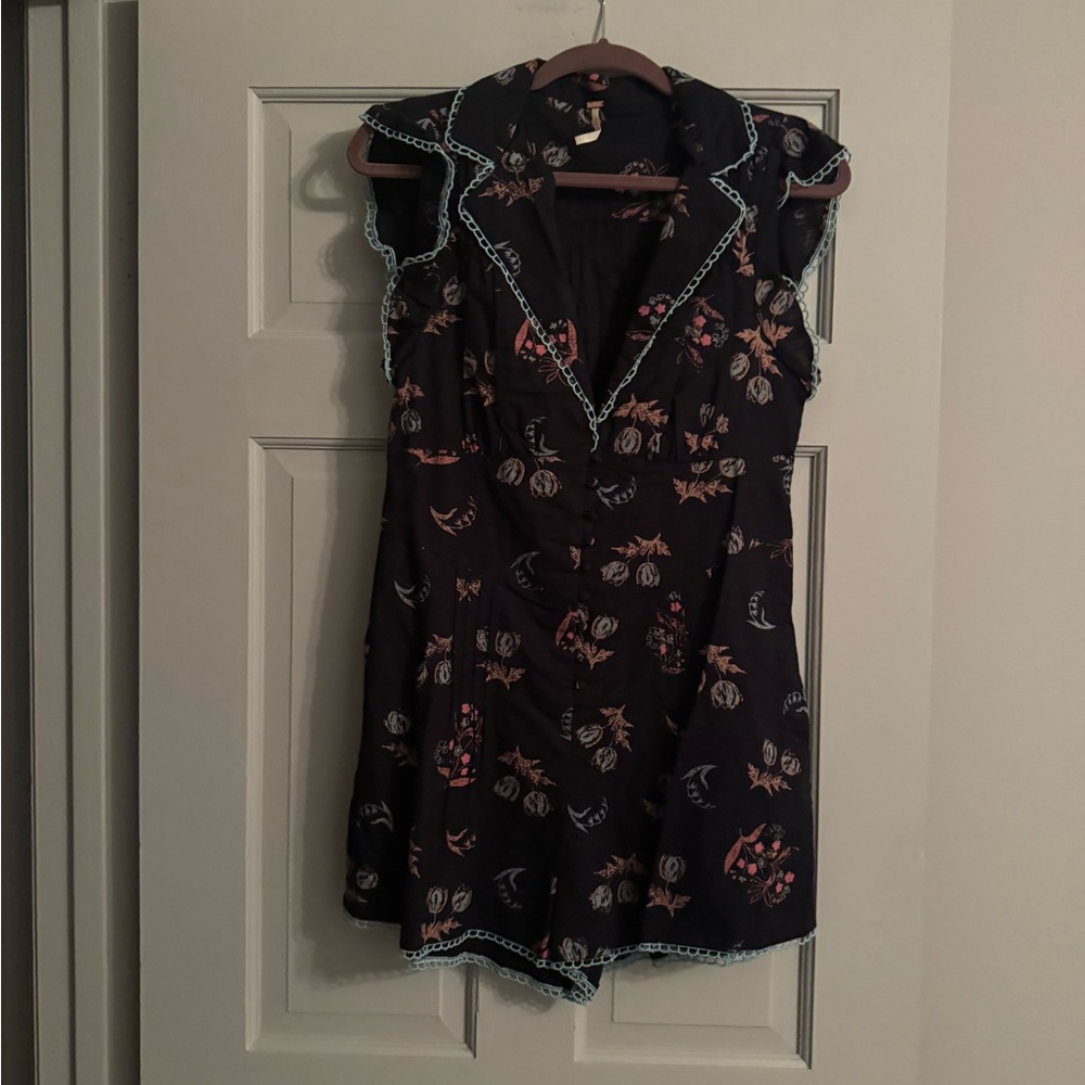Free People Dark Floral Romper with Blue Trim